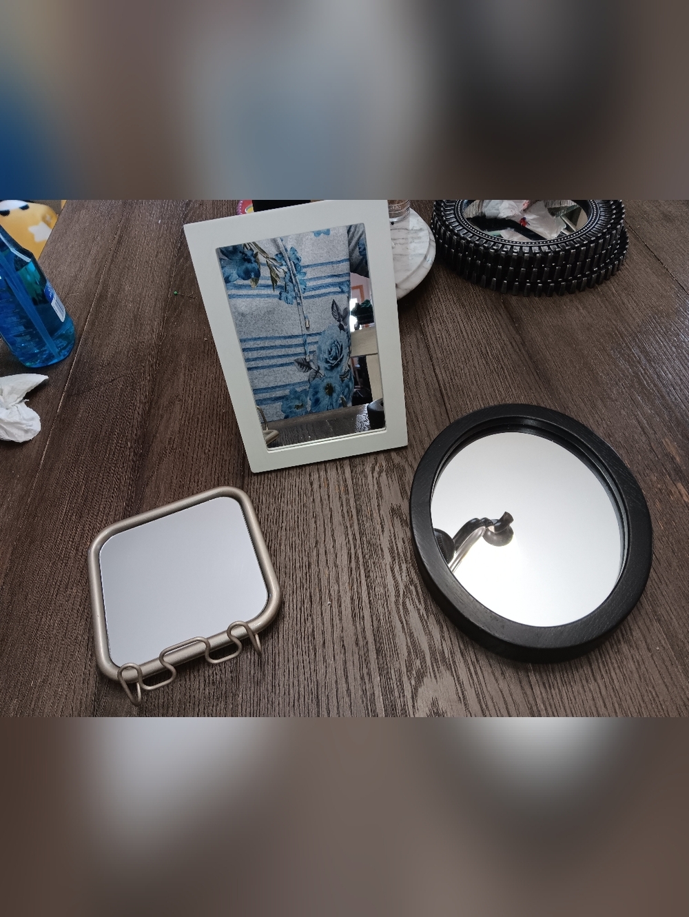 Set Of Three Small  Mirrors , Wall Mirror, Desk Top Mirror, And Shower Mirror.
